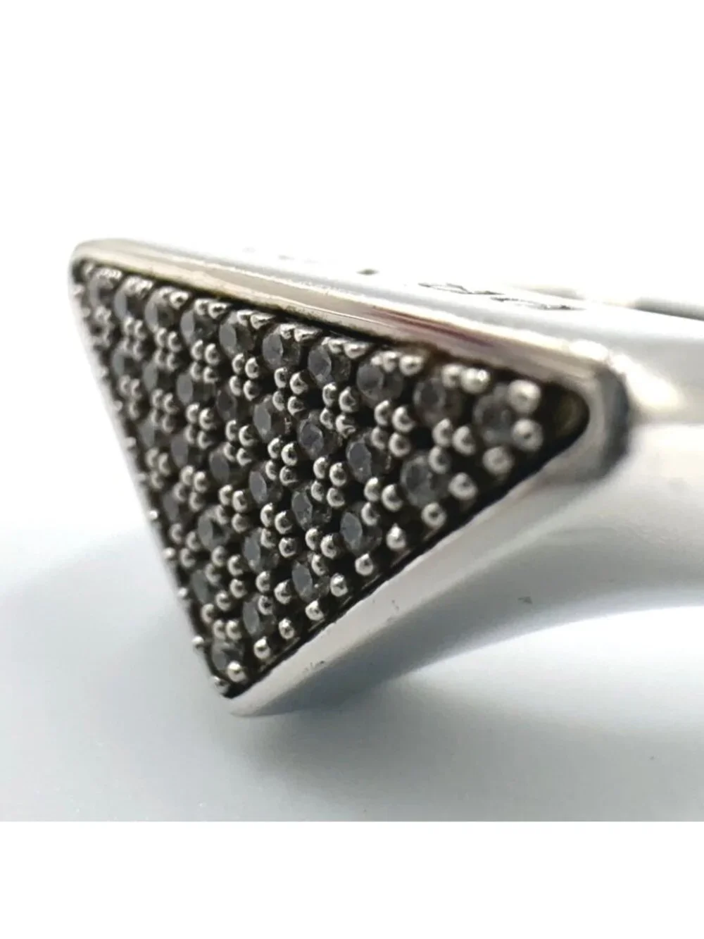 Prada Triangle Logo Pavestone Rhinestone 925 Sterling Silver Clear Ring